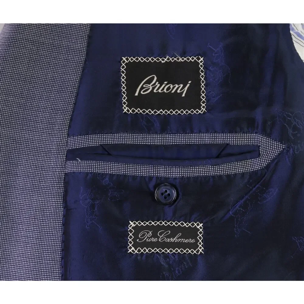 Brioni Recent Navy Blue Gray Tic Woven 100% Cashmere 2-Btn Blazer Jacket 46S